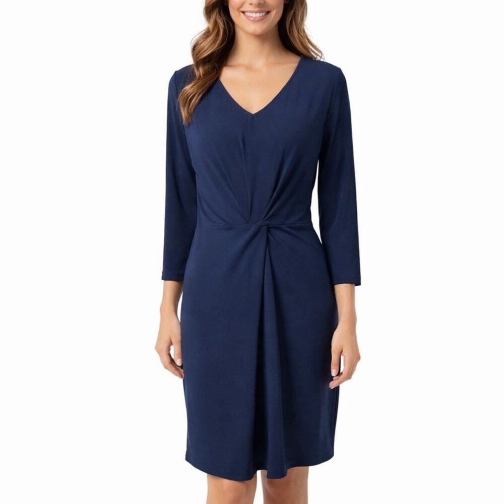 Lark &  Ro Sheath Dress V-neck Twist Front Jersey Knit Navy Blue Women’s Size 12